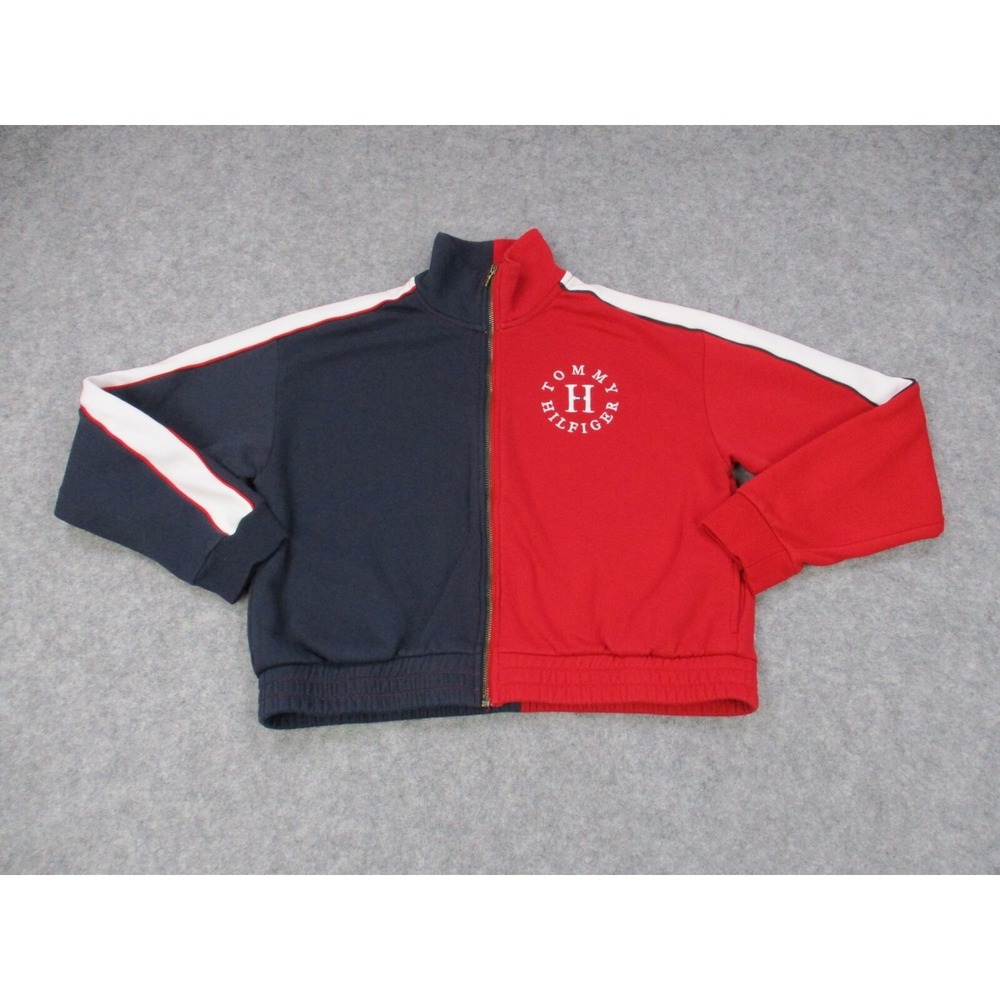 Tommy Hilfiger Sweater Womens Medium Red Blue Colorblock Zip Up Mock Sweatshirt